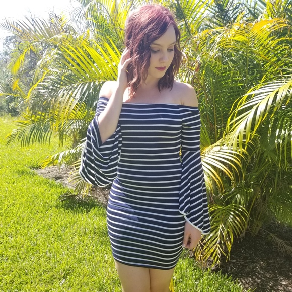 Glamvault Dresses & Skirts - Navy White Stripe Off Shoulder Bell Sleeve Dress